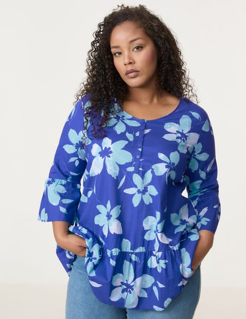 SAMOON Damen Ausgestellte Bluse mit Volants 74cm 3/4 Arm Rundhals Baumwolle Blau floral von SAMOON