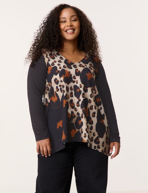 SAMOON Damen Ausgestelltes Langarmshirt mit Leo-Print 72cm V-Ausschnitt Viskose Schwarz Animal-Print von SAMOON