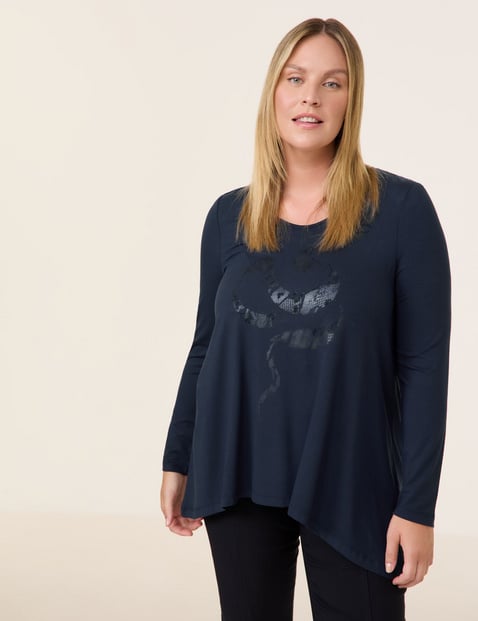 SAMOON Damen Ausgestelltes Langarmshirt mit Schlangen-Motiv Viskose 72 cm V-Ausschnitt Animal-Print Blau von SAMOON