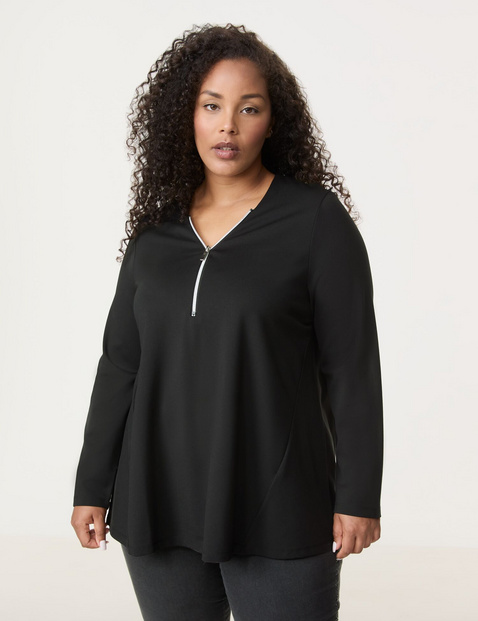 SAMOON Damen Ausgestelltes Langarmshirt mit Zipper 76cm V-Ausschnitt Viskose Schwarz von SAMOON