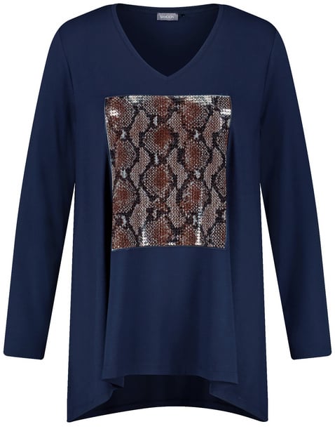 SAMOON Damen Ausgestelltes Shirt mit Pailletten-Applikation 72cm Langarm V-Ausschnitt Viskose Blau Animal-Print von SAMOON