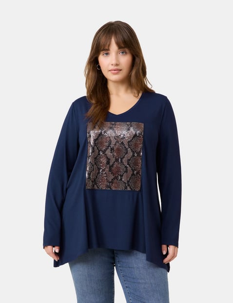 SAMOON Damen Ausgestelltes Shirt mit Pailletten-Applikation 72cm Langarm V-Ausschnitt Viskose Blau Animal-Print von SAMOON