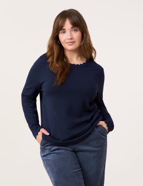 SAMOON Damen Basic Pullover mit Wellenkanten Langarm Rundhals Viskose Blau von SAMOON