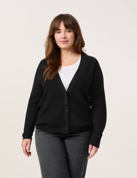 SAMOON Damen Basic Strickjacke aus Rippstrick 66cm Langarm V-Ausschnitt Viskose Schwarz von SAMOON