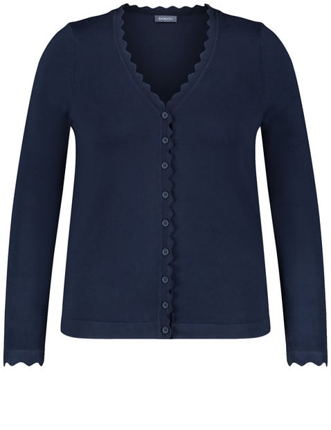 SAMOON Damen Basic Strickjacke mit Wellenkanten 66cm Langarm V-Ausschnitt Viskose Blau von SAMOON