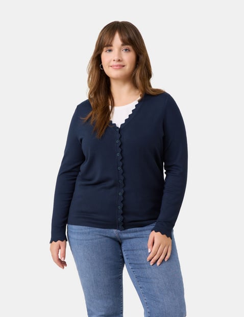 SAMOON Damen Basic Strickjacke mit Wellenkanten 66cm Langarm V-Ausschnitt Viskose Blau von SAMOON