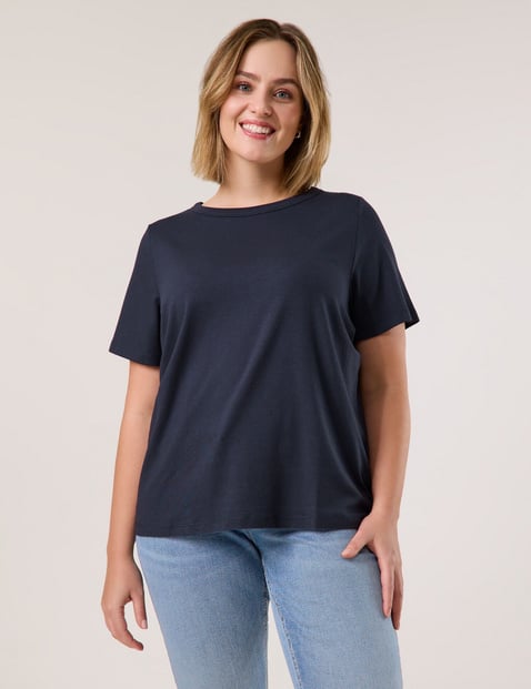 SAMOON Damen Basic T-Shirt Modal 68 cm Rundhals Kurzarm unifarben Blau von SAMOON