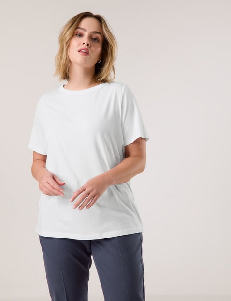 SAMOON Damen Basic T-Shirt 68 cm Rundhals Kurzarm unifarben Weiss von SAMOON