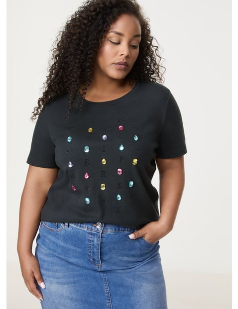 SAMOON Damen Baumwoll T-Shirt mit Glitzersteinen 68cm Kurzarm Rundhals Baumwolle Schwarz von SAMOON