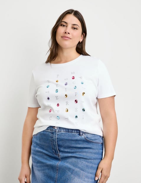 SAMOON Damen Baumwoll T-Shirt mit Glitzersteinen 68cm Kurzarm Rundhals Baumwolle Weiss von SAMOON