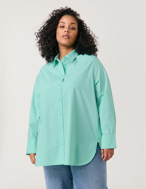 SAMOON Damen Baumwollbluse mit seitlichen Knopfleisten Baumwolle 76 cm Hemdkragen Langarm unifarben Blau von SAMOON