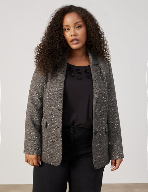 SAMOON Damen Blazer mit Fischgratmuster und Pailletten 70cm Langarm Revers Braun gemustert von SAMOON