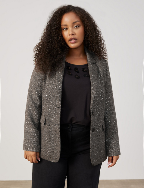 SAMOON Damen Blazer mit Fischgratmuster und Pailletten 70cm Langarm Revers Braun gemustert von SAMOON