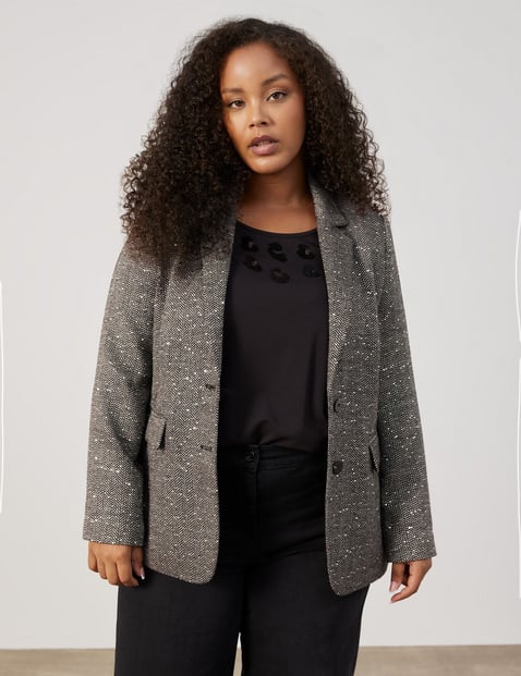 SAMOON Damen Blazer mit Fischgratmuster und Pailletten 70cm Langarm Revers Braun gemustert von SAMOON