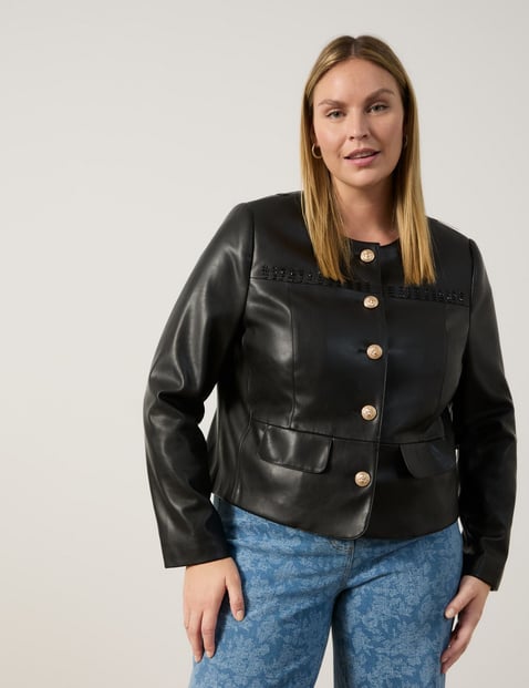 SAMOON Damen Blazerjacke mit Leder-Optik 56cm Langarm Ohne Kragen Schwarz von SAMOON