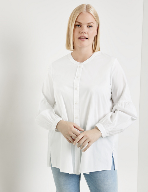 SAMOON Damen Bluse mit Ballonärmeln Baumwolle 76 cm Rundhals Langarm unifarben Weiss von SAMOON