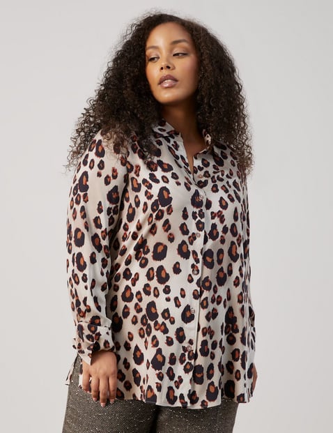 SAMOON Damen Bluse mit Leo-Print 76cm Langarm Hemdkragen Viskose Beige Animal-Print von SAMOON