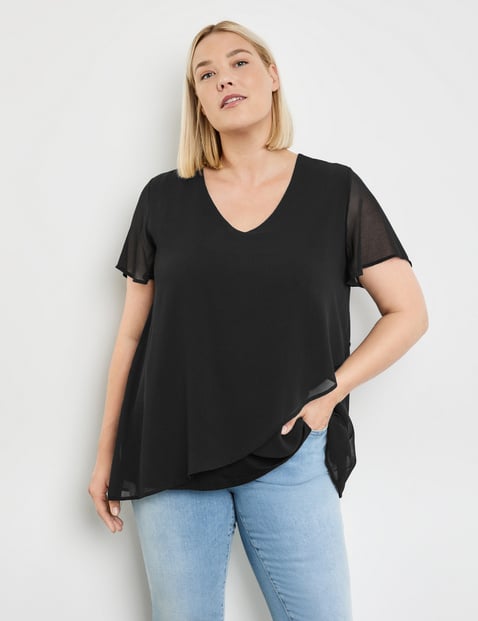 SAMOON Damen Blusenshirt mit Chiffon-Layer 72 cm Rundhals Kurzarm unifarben Schwarz von SAMOON