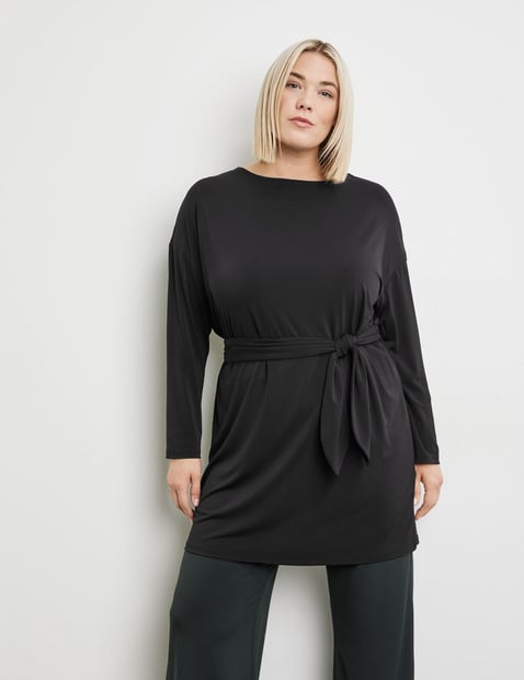 SAMOON Damen Edles Longshirt mit Bindegürtel 90cm Langarm U-Bootausschnitt Schwarz von SAMOON