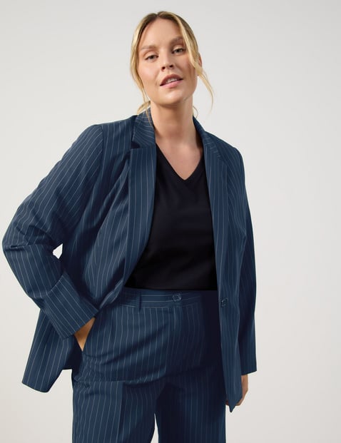 SAMOON Damen Figurumspielender Blazer mit feinen Nadelstreifen 70cm Langarm Revers Blau gestreift von SAMOON