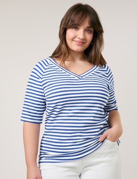 SAMOON Damen Geringeltes Halbarmshirt mit Ripp-Struktur 68 cm Shirt V-Ausschnitt Halber Arm gestreift Blau von SAMOON