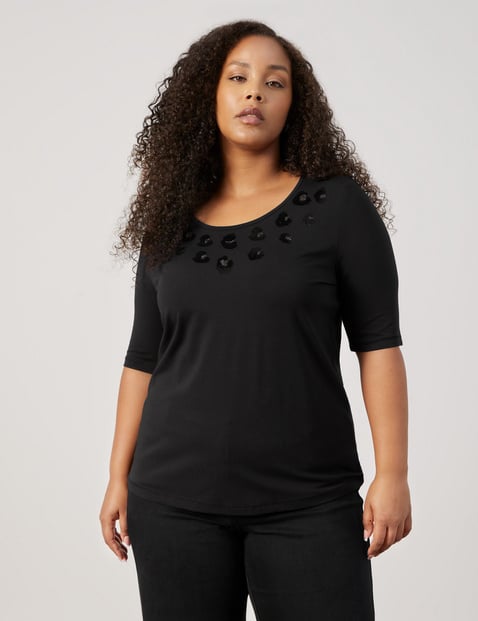 SAMOON Damen Halbarmshirt mit Paillettendekor 68cm Halber Arm Rundhals Modal Schwarz von SAMOON