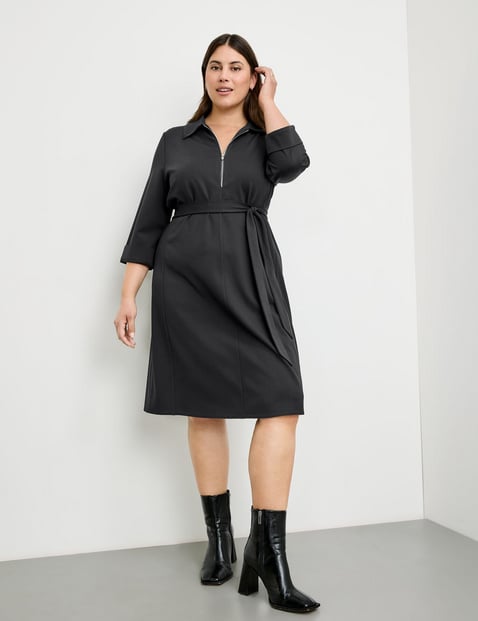 SAMOON Damen Knieumspielendes Kleid mit Bindegürtel 3/4 Arm Mit Kragen Viskose Schwarz von SAMOON