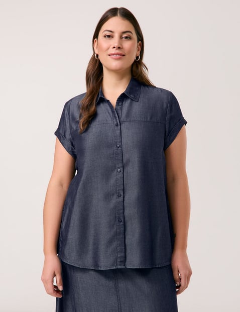 SAMOON Damen Kurzarmbluse im Jeans-Look Lyocell 68 cm Hemdkragen unifarben Blau von SAMOON