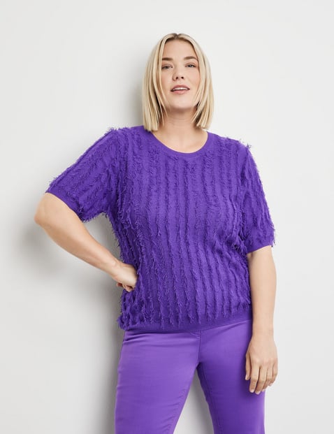 SAMOON Damen Kurzarmpullover mit Fransen-Details Rundhals Polyacryl Lila von SAMOON