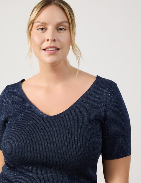 SAMOON Damen Kurzarmpullover mit Glitzer-Effekt Halber Arm Viskose, Blau von SAMOON