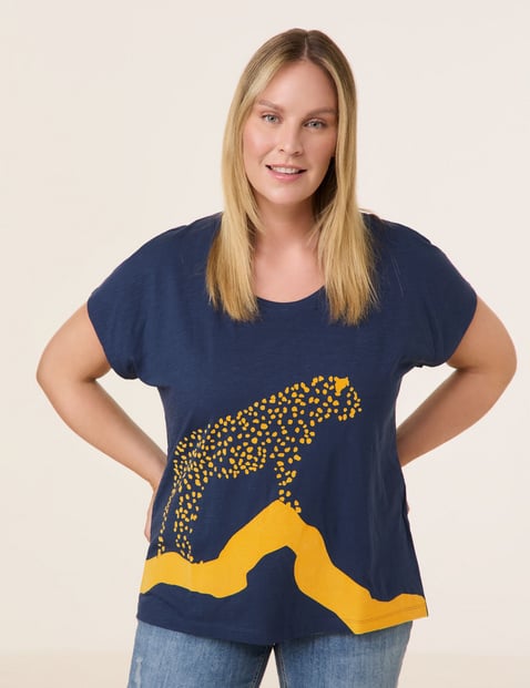 SAMOON Damen Kurzarmshirt mit Leopard-Motiv 68cm Rundhals Baumwolle Blau von SAMOON