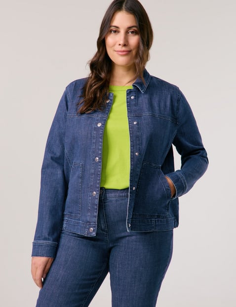 SAMOON Damen Lässige Jeansjacke 58cm Langarm Mit Kragen Baumwolle, Blau von SAMOON