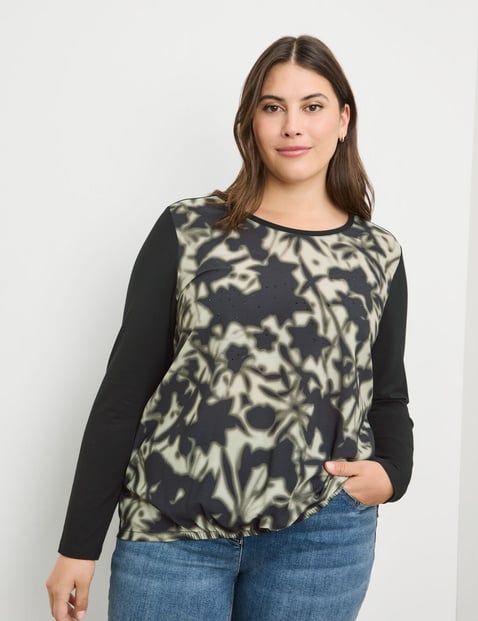 SAMOON Damen Lässiges Longsleeve mit Frontprint 66cm Langarm Rundhals Viskose Schwarz gemustert von SAMOON