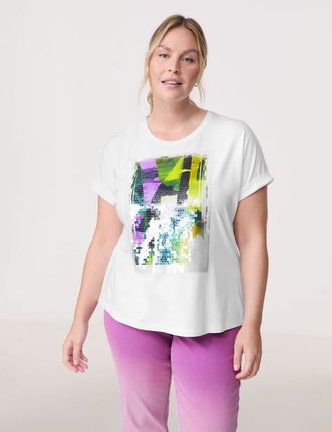 SAMOON Damen Lässiges Shirt mit verziertem Frontprint Modal 68 cm Rundhals Kurzarm Weiss von SAMOON