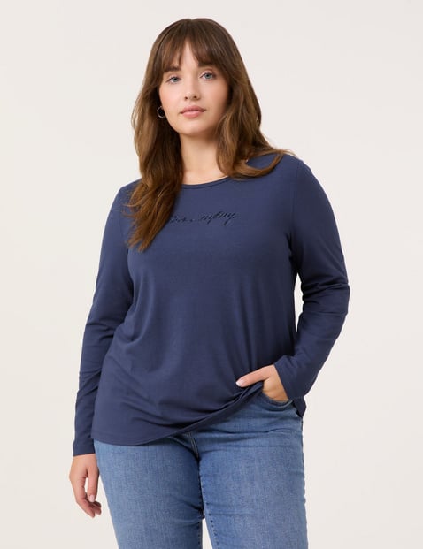 SAMOON Damen Langarmshirt mit Perlen-Wording 68cm Rundhals Modal Blau von SAMOON