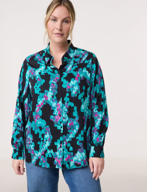 SAMOON Damen Lange Hemdbluse mit Allover-Print 80cm Langarm Hemdkragen Blau gemustert von SAMOON