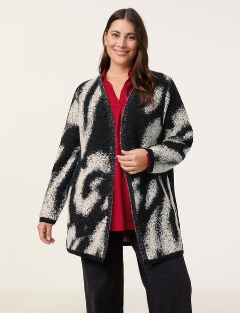 SAMOON Damen Lange Strickjacke mit Jacquardmuster Langarm Ohne Kragen Baumwolle, Schwarz gemustert von SAMOON