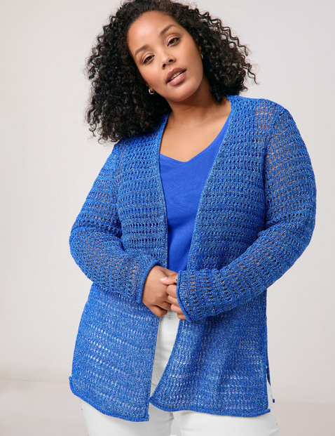 SAMOON Damen Langer Cardigan aus Lochstrick Langarm Baumwolle, Blau von SAMOON