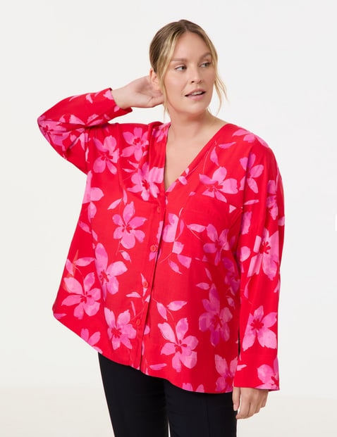 SAMOON Damen Legere Bluse mit Floralprint 74cm Langarm V-Ausschnitt Viskose Rot floral von SAMOON