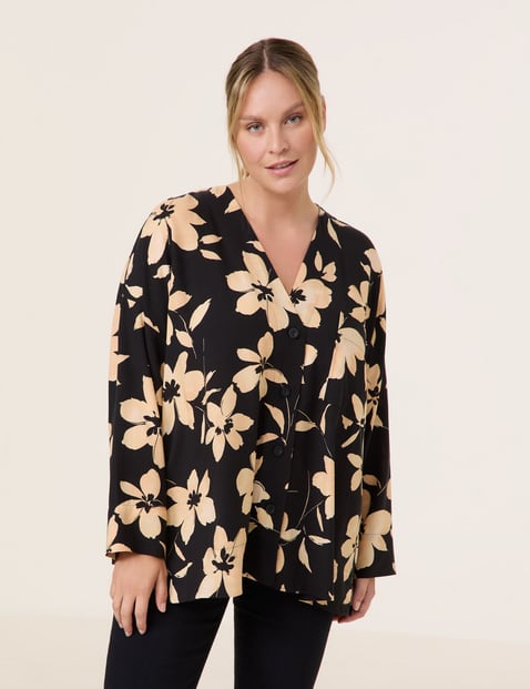 SAMOON Damen Legere Bluse mit Floralprint 74cm Langarm V-Ausschnitt Viskose Schwarz floral von SAMOON