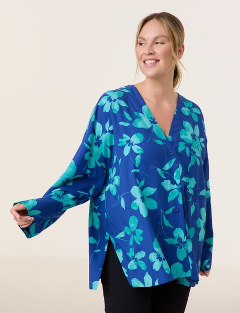 SAMOON Damen Legere Bluse mit Floralprint 74cm Langarm V-Ausschnitt Viskose Blau floral von SAMOON