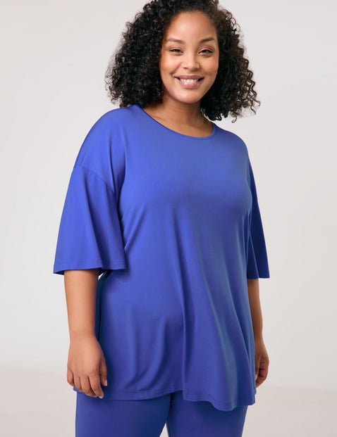 SAMOON Damen Legeres Shirt aus fließendem Slinky-Jersey 76 cm Rundhals Weiter Arm unifarben Blau von SAMOON