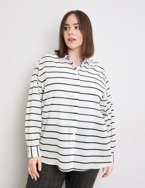 SAMOON Damen Leichte Longbluse aus Baumwoll-Voile 80cm Langarm Hemdkragen Baumwolle Weiss gestreift von SAMOON