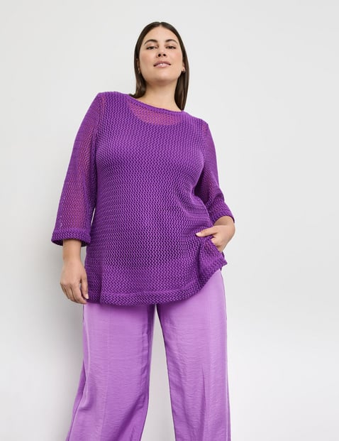 SAMOON Damen Lochstrick-Pullover mit 3/4 Arm Rundhals Lila von SAMOON