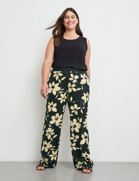 SAMOON Damen Palazzohose mit Floral-Print Viskose Normale Leibhöhe Schwarz von SAMOON