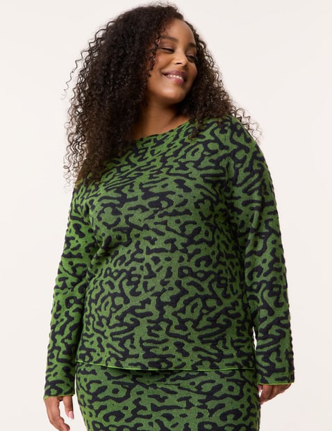 SAMOON Damen Pullover mit Animal-Jacquard Langarm U-Bootausschnitt Baumwolle Grün gemustert von SAMOON