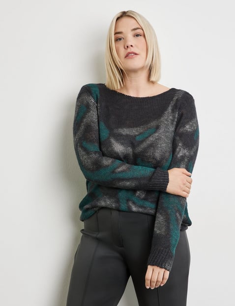 SAMOON Damen Pullover mit Print Langarm U-Bootausschnitt Polyacryl Schwarz gemustert von SAMOON