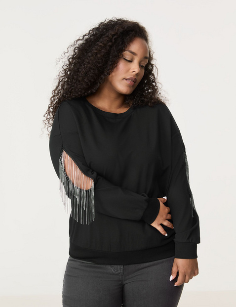 SAMOON Damen Pullover mit Strassbändern am Arm 66cm Langarm Rundhals Viskose Schwarz von SAMOON