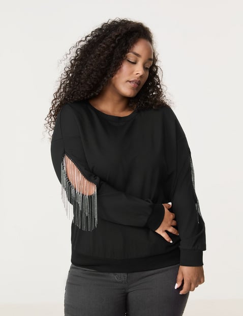 SAMOON Damen Pullover mit Strassbändern am Arm Viskose 66 cm Rundhals Langarm unifarben Schwarz von SAMOON