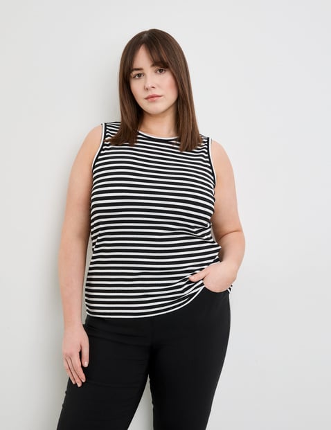 SAMOON Damen Ringel-Top aus Struktur-Jersey 62cm Ärmellos Rundhals Viskose Schwarz gestreift von SAMOON